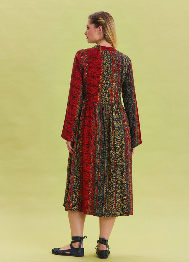 Patterned Crew Neck Button Detailed Brick Long Sleeve Dress 4445